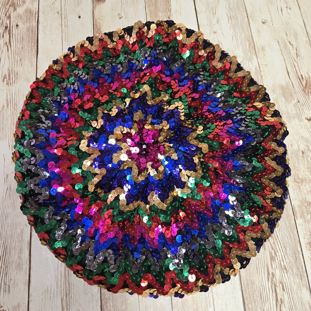 Vintage Multicolor Sequin Beret Hat Sparkly Disco Festival Statement Cap